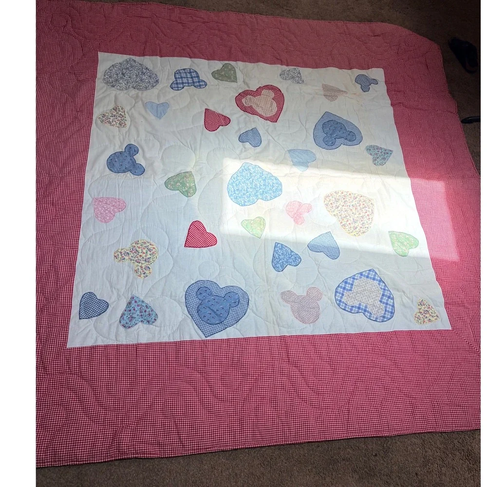 Mickey & Co Disney Quilt Red Gingham Heart Patchwork Bedspread Full Size 84x84